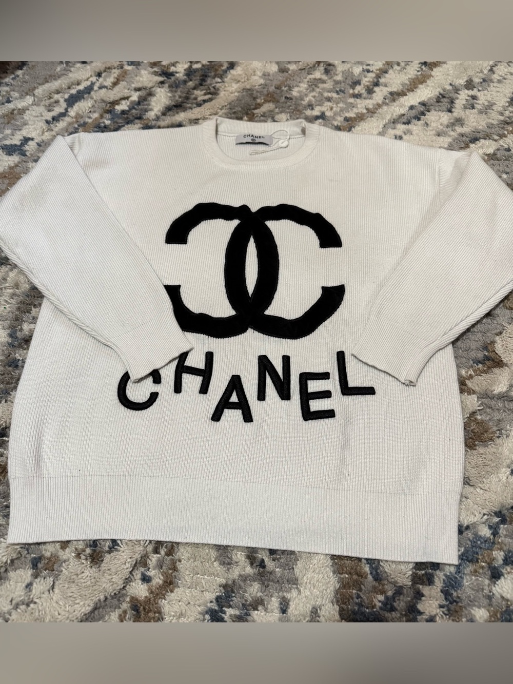 CHANEL Cream Crewneck Sweater with Black CC Logo